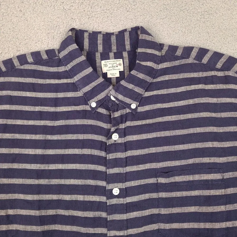 J. Crew Shirt Mens XL Blue Striped 100% Linen Short‎ Sleeve Button Down